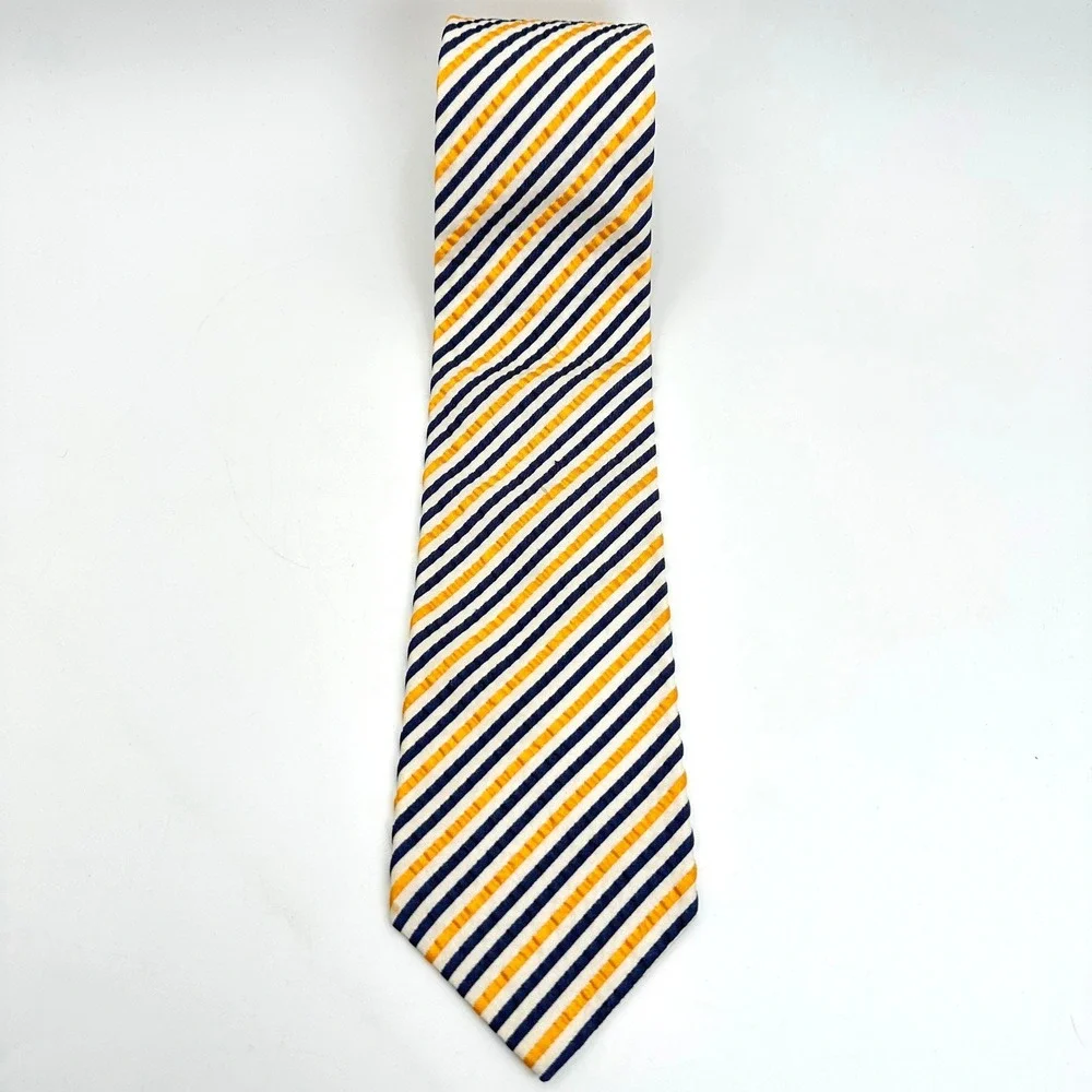 Harold Powell Seersucker Necktie Mens Navy Yellow Repp Striped Silk USA 58x3.5